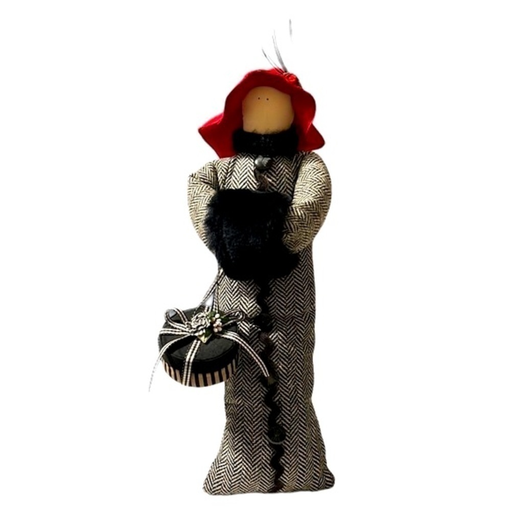 14” RED Hat Lady Vintage Cloth Doll with Muff and Hat Box with Hanger
